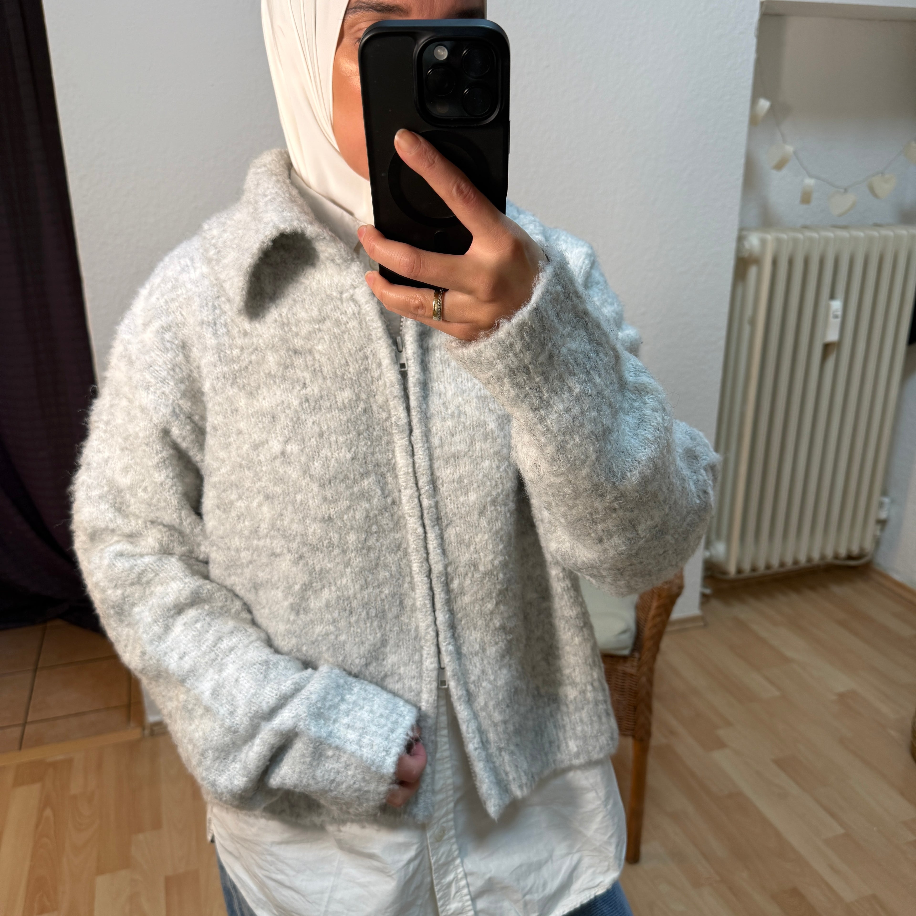 Soft Bouclé Zip Cardigan Stone Grey